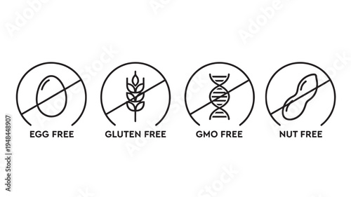 Icons indicating absence of egg, gluten, GMOs, and nuts, presented with simple black outlines on a white background.