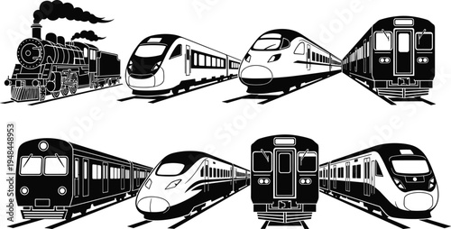 Train silhouette collection, railway outline figure, steam locomotive motif illustration, high-speed transport icon art, commuter design graphic, metro symbol