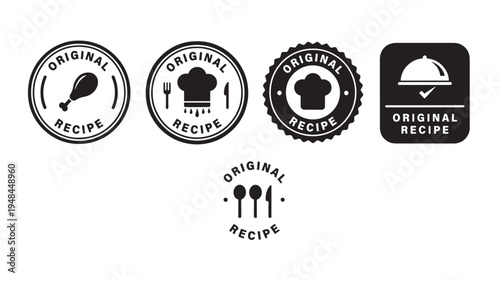 Original recipe icons featuring a chicken leg, chef hat, and silverware, presented in various badge and emblem styles for culinary branding.