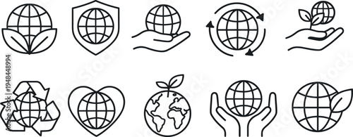 Collection of eco-friendly and global care icons with earth and leaves