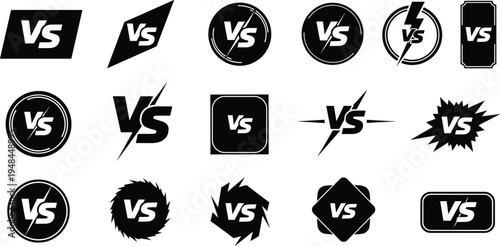 Versus icon silhouette collection, competition logo outline, matchup motif illustration, battle design graphic, comparison symbol art, contest figure emblem