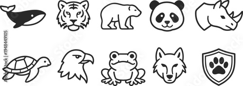 Collection of diverse animal icons in a simple, clean line art style