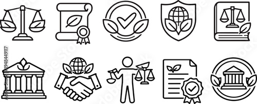 Collection of eco-friendly legal and justice icons with scales, scrolls, and buildings