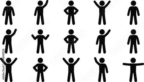 Stick figure silhouette icon vector illustration set featuring diverse human gestures, poses, and body language communication motifs