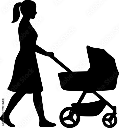 Parent pushing baby stroller silhouette icon vector illustration featuring childcare, parenting, family bonding, and outdoor activity motifs