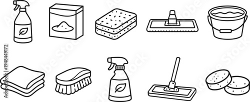 Collection of hand-drawn cleaning supplies and tools for household chores