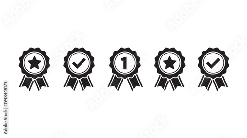 Award ribbons set with star, checkmark, and number one icons for achievement and quality rating featuring ribbon, badge, icon with success and winner