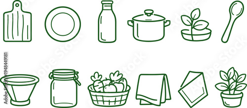 Collection of simple line art icons representing kitchen and gardening items