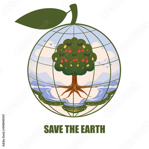 A globe shaped like an apple with a leaf; inside, it depicts a tree and nature. A concept dedicated to ecology and environmental protection, timed to coincide with Earth Day. Caring for nature and the