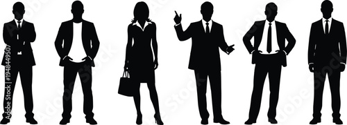 Diverse corporate business team silhouette collection featuring professional men and women in formal office attire standing together on white background