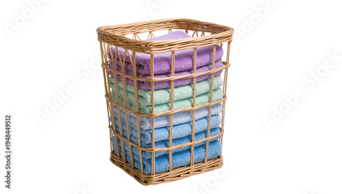 Fotografía Neatly stacked colorful pastel towels in a natural wicker laundry basket, perfec