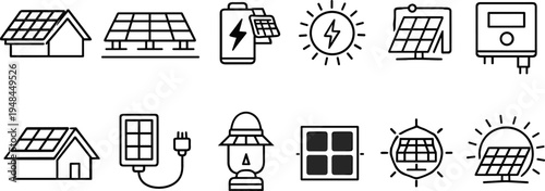 Collection of solar energy icons representing renewable power generation and sustainable technology