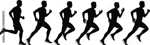 Detailed vector silhouette sequence showing the multiple stages of a male runner in motion for sports fitness and athletic training