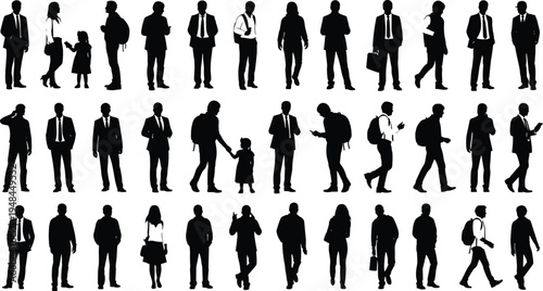 Large collection of black human silhouettes featuring business professionals parents with children and students in diverse poses on white background