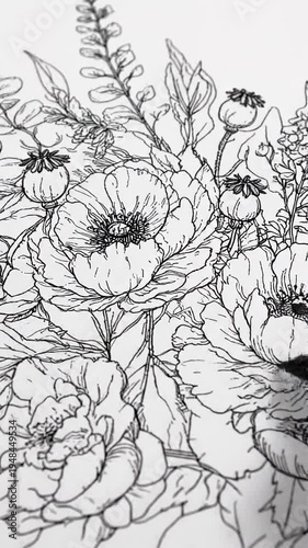 Black and white floral line drawing.