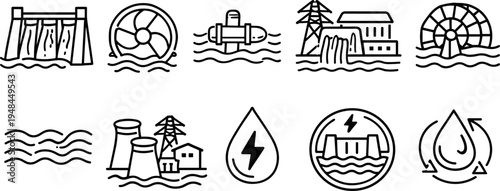 Collection of line art icons representing various forms of renewable energy generation from water