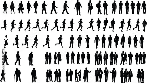 Large collection of black human silhouettes featuring business professionals runners and pedestrians in various active and static poses on white
