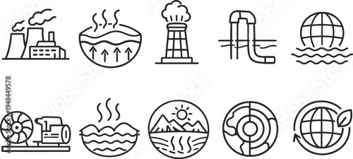 Collection of icons representing renewable energy sources and environmental concepts