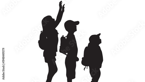 Children with backpacks looking up, silhouetted against a white background, with one child reaching high with their hand.