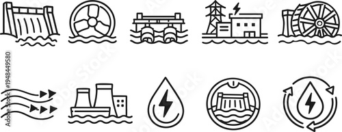 Collection of line art icons representing various forms of renewable energy generation from water