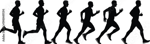 Detailed vector silhouette sequence showing the multiple stages of a male runner in motion for sports fitness and athletic training