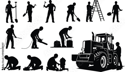 Comprehensive vector silhouette collection of construction workers performing various manual tasks using heavy machinery tools and equipment on white background