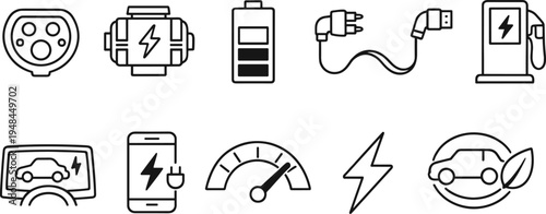 Electric vehicle charging icons and symbols for clean energy transportation concepts