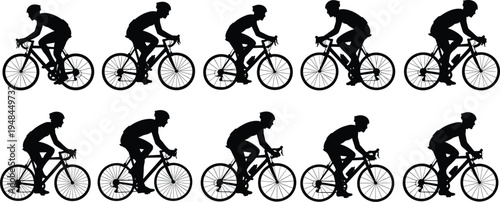Detailed vector silhouette collection of professional cyclists in various riding positions on road bikes isolated on a clean white background
