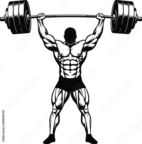 Powerful black and white vector illustration of a muscular bodybuilder performing a heavy overhead barbell press for fitness gym branding