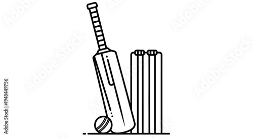 A simple line drawing depicting a cricket bat ball and wickets