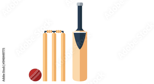A colorful illustration depicting cricket equipment a bat ball and wickets