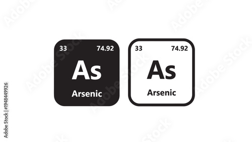 Arsenic element symbol AS on black and white square tiles with atomic number 33 and atomic mass 74.92