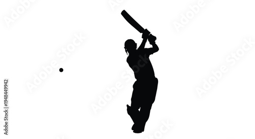 Silhouette of a cricket batsman in mid swing against a white background