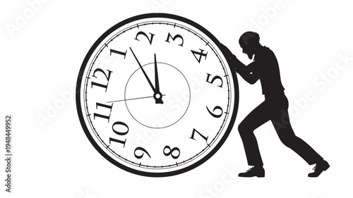 Clock being pushed by a silhouette person against a white background, symbolizing time pressure and effort.