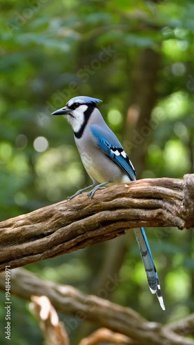 Blue jay perched on branch forest.