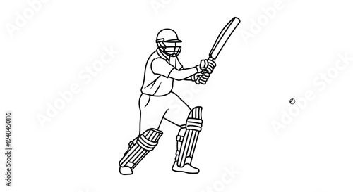 Line drawing of a cricket player poised to hit a ball with a bat