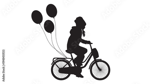Silhouette of a child riding a bicycle with three balloons trailing behind on a white background. featuring bike, black, celebration with fun and joy