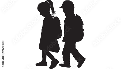 Children silhouettes walking with backpacks, one with ponytail and the other wearing a cap, isolated on white background.
