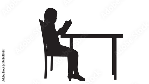 Silhouette of a child sitting at a table reading a book, depicted with clean black lines on a white background.