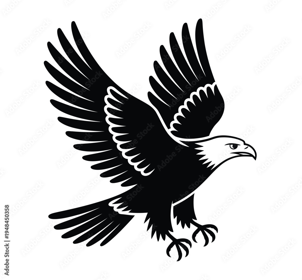 Fototapeta premium Eagle bird silhouette vector illustration with spread wings, strong raptor symbol design ideal for logo branding, wildlife graphics, emblem artwork, and minimalist projects