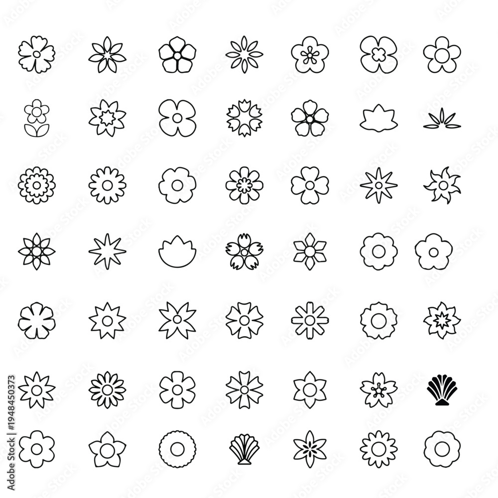 Fototapeta premium Comprehensive Collection of Minimalist Floral Outline Vector Icons Featuring Assorted Blooming Flower Heads in a Clean Black Line Art Style for Modern Botanical Graphic Design