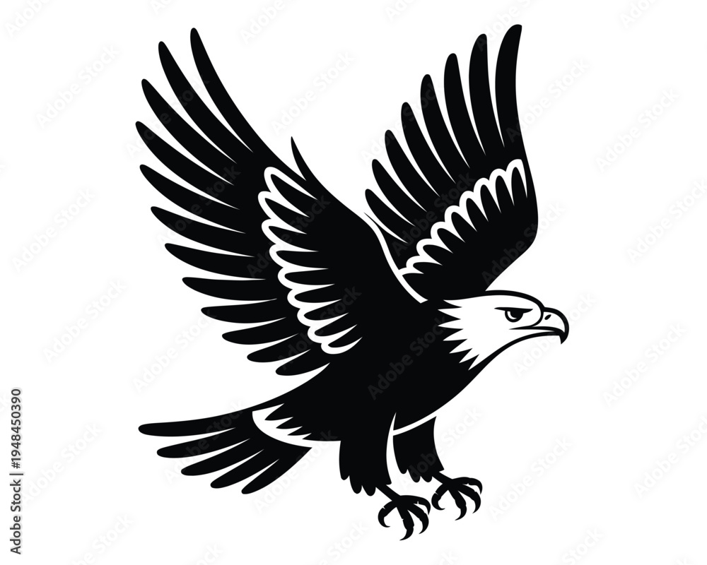 Fototapeta premium Eagle bird silhouette vector illustration, powerful flying raptor design in black style, ideal for logo, emblem, wildlife art, and modern graphic design projects