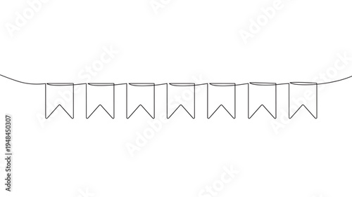 Bunting flags garland drawn in a continuous line style with a simple black outline on a white background for festive decorations.