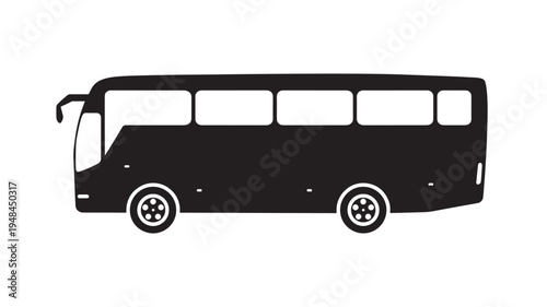 Bus black silhouette with windows and wheels, simple vector icon for transportation themes and travel services.