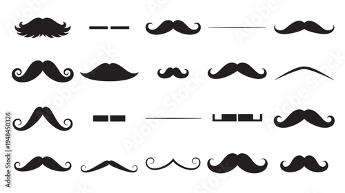 Moustaches collection of various styles and shapes in black silhouette on a white background, perfect for design.