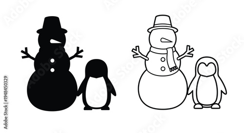 Black and white illustration of snowmen and penguins together