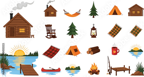 Explore this charming collection of outdoor adventure and camping essentials, featuring rustic cabins, cozy tents, serene lakeside views, and versatile wilderness gear