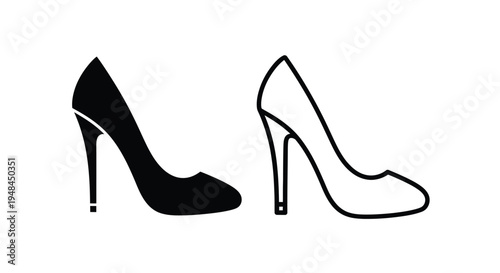 Two high heeled shoes one black and one white in outline form