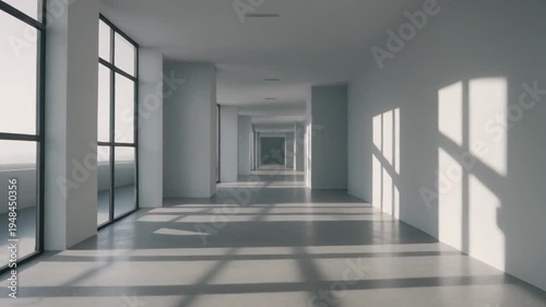 Wallpaper Mural A long, empty office hallway with white walls and gray floor, featuring large windows on the left and right sides allowing natural light to cast shadows, creating a sense of depth and perspective Torontodigital.ca