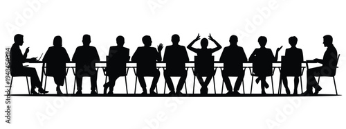 Business people silhouettes, in boardroom meeting, group sitting around conference table, corporate teamwork discussion scene, isolated vector illustration on transparent background